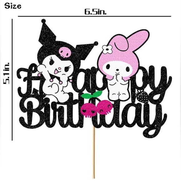 Cute Kawaii Kuromi Melody Glitter Black Cake Topper Happy Birthday - Picture 6 of 6